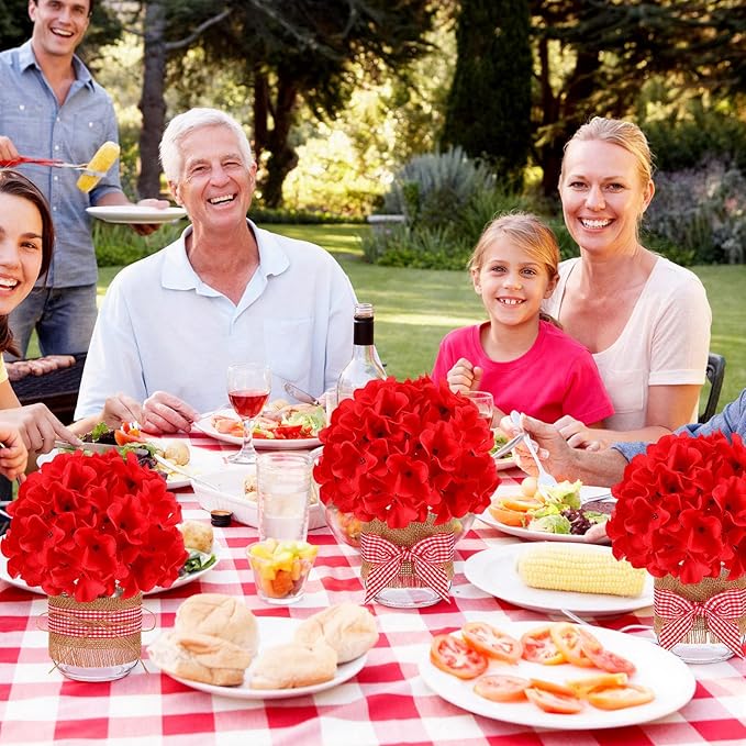 Daifunli 6 Set Picnic Party Centerpieces for Table Mason Jar Table Decor with Artificial Flowers Red Gingham Ribbon for Picnic Birthday Party BBQ Baby Shower Wedding(6,Hydrangea)