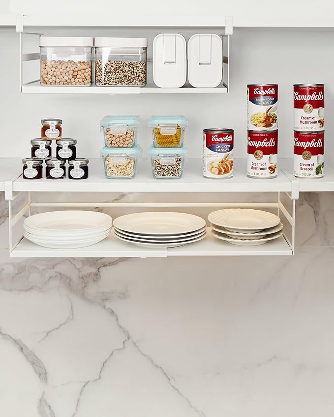 Expandable Under Shelf Storage Basket, 2 Pack Hanging Baskets Under Cabinet Shelf Organizer, Add-on Space Saver Kitchen, Pantry, Laundry Room, Heavy-Duty Slide-in White Higher & Wider Size