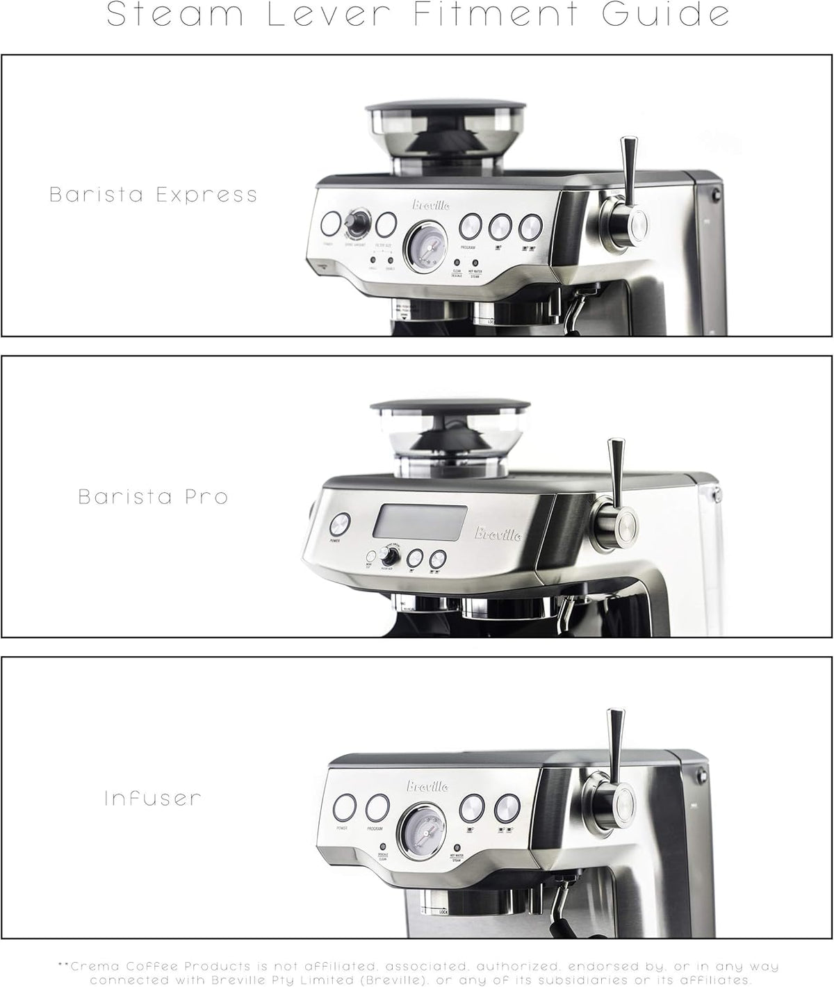 Crema Coffee Products Replacement Steam Lever for Breville Espresso Machines, Ergonomic Stainless Steel Design, Compatible with Barista Express