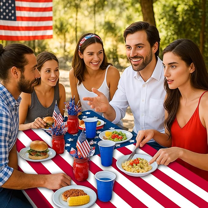 6FT American Flag Picnic Table Cover with Bench Covers Set 4th of July Waterproof Windproof Camping Rectangle Tablecloths with Elastic Fitted Picnic Table Cover for 4th of July Outdoor Decor