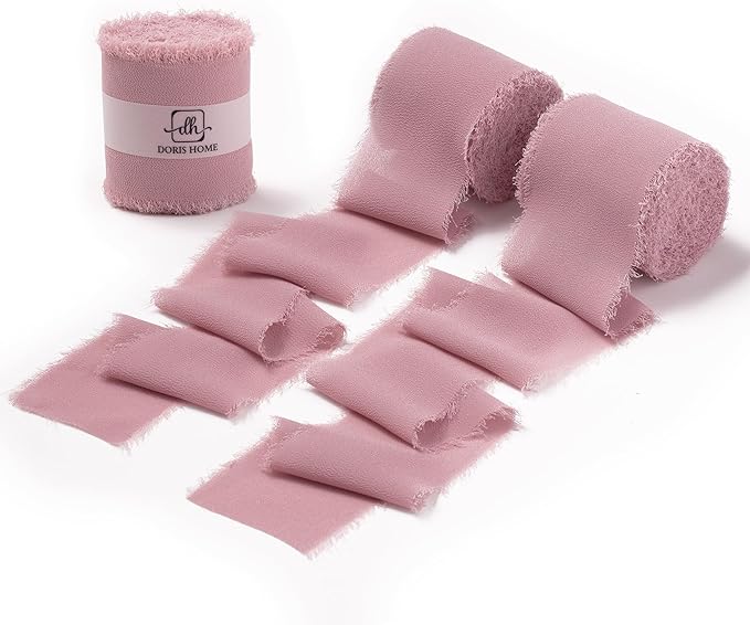 DORIS HOME Mauve Chiffon Ribbon for Flower Bouquet, 2" x21Yd Fabric Ribbon for Gift Wrapping, Handmade Frayed Ribbon for Wedding/Christmas Decorations