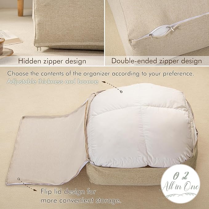 Square Comforter Storage Bag/Wedge Pillow Cover Linen Like - Multi-Use Pillow, Cushion & Bedding Insert Cover - Stuff with Clothes, Blankets for Extra Storage (22.8x22.8x7.8 In, Beige)