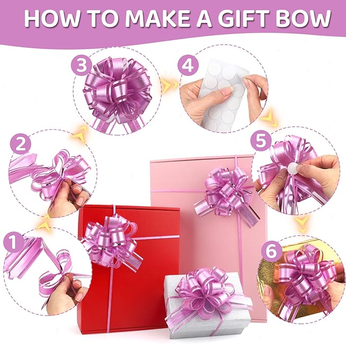 24pcs Pink Pull Bow for Gift Basket Wrapping Xmas Gift Bows Presents Adhesive Wrap Ribbon Bow for Christmas Tree Bottles Bouquet Flower Valentine's Day Party Decor (Pink-G)