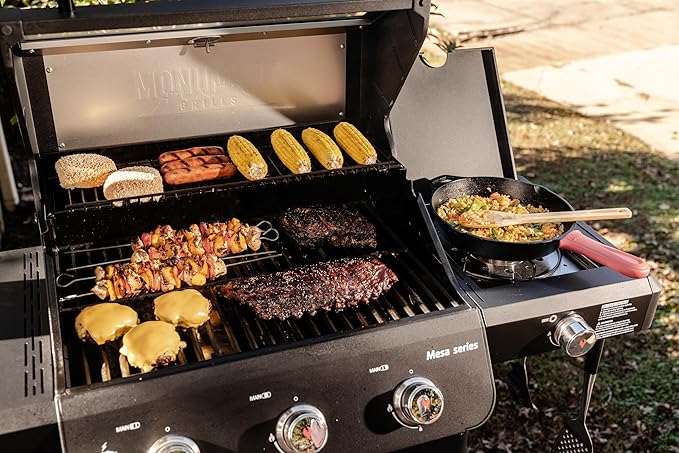 Monument Grills Outdoor Barbecue Stainless Steel 3 Burner Propane Gas Grill, 48,000 BTU Patio Garden Grill with Side Burner and Knob Controls, Mesa325 with BBQ Cover