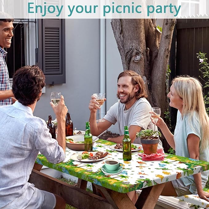 Dinosaur Picnic Table Covers with Bench Covers, Jungle Dino Print Tablecloth, Outdoor Table Cover Set, Patio Camping Picnic Table Protector, 72x30 Inch
