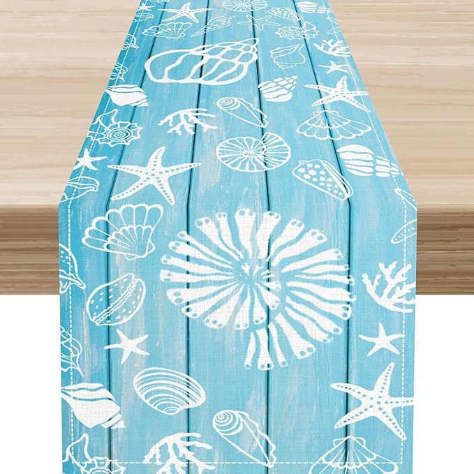 Beach Starfish Table Runner, Blue Wooden Nautical Coastal Ocean Seashell Teal Print Summer Vintage Coffee Table Center Decor for Family Holiday Party Kitchen Farmhouse Table Decorations, 13" X 36"
