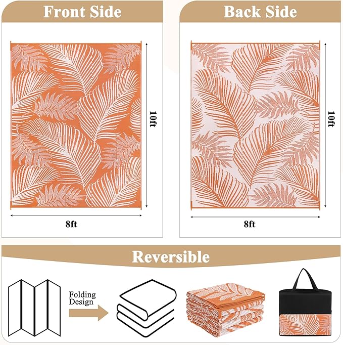 Pauwer Waterproof Outdoor Rug 8x10, Reversible Plastic Straw Patio Camping Rug, Indoor Outdoor RV Mat Carpet for Deck, Camper, Porch, Balcony, Backyard, Picnic, Leaf Orange