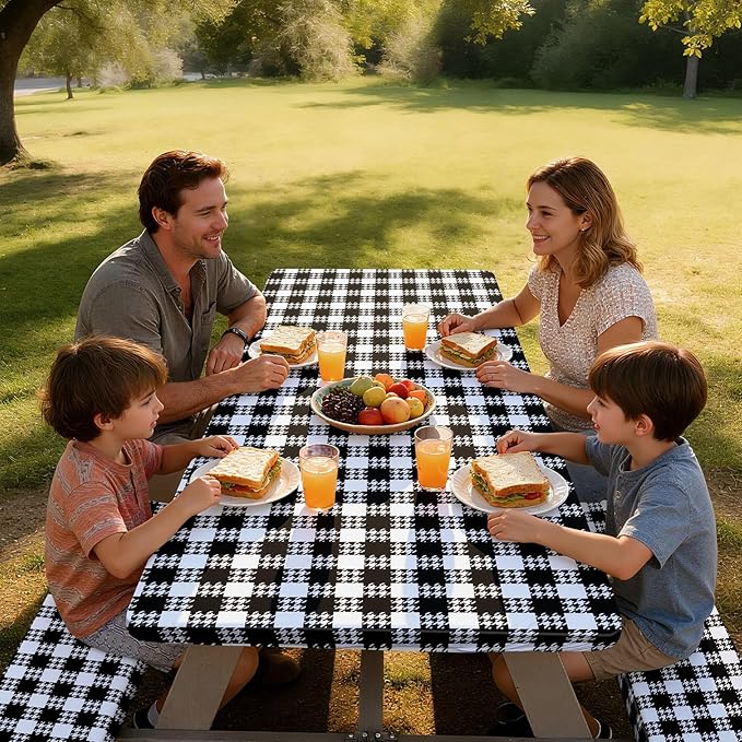 Picnic Table Cover with Bench Covers Windproof Waterproof Picnic Table Covers Camping Tablecloth with Self-Storage Bag, 72in, Black White