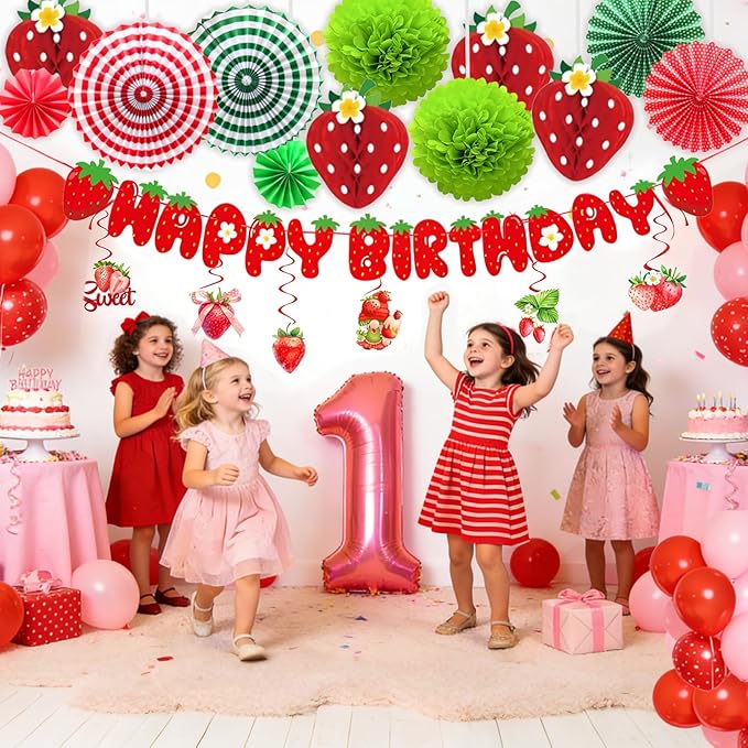 Strawberry Birthday Decorations,Cute Strawberry Party with Red Strawberry Honeycomb Balls,Green Paper Pom Poms,Paper Fan,Banner and Hanging Swirls Berry Hanging Decor Centerpieces