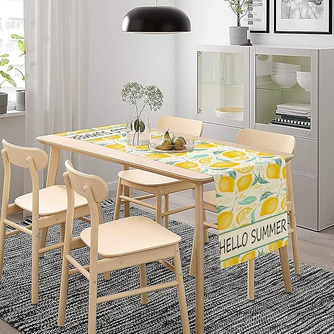 Spring Yellow Lemon Table Runner, Hello Summer Seasonal Exotic Fresh Fruits Plants Branch Leaves Print Table Cover for Farmhouse Kitchen Table Party Decor, 13x36inch