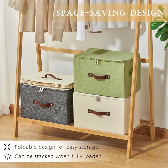 4 Pack Storage Bins with Zipper Lid Cotton Linen Fabric Lidded Storage Baskets Boxes Foldable Washable Closet Shelf Clothes Organizer Container with PU Leather Handles (Beige, Small)