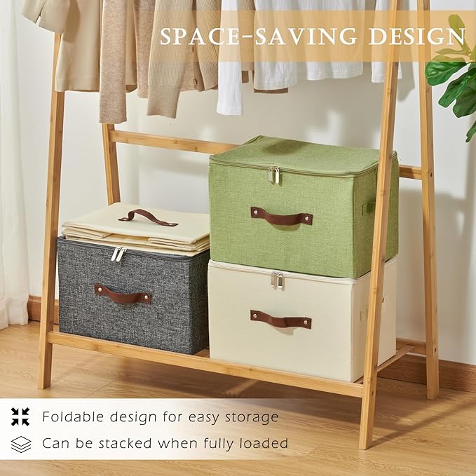 2 Pack Storage Bins with Zipper Lid Cotton Linen Fabric Lidded Storage Baskets Boxes Foldable Washable Closet Shelf Clothes Organizer Container with PU Leather Handles (Purple, Small)