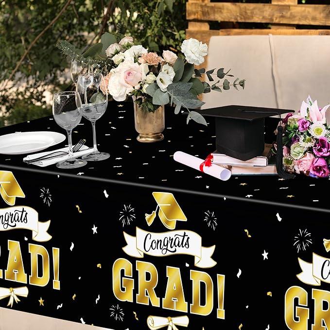 2Pack Graduation Decorations 2026, 108" X 54" Graduation Tablecloth, Blackgold Rectangle Class of 2026 Table Cloths, Disposable Plastic Congrats Grad Tablecover for Grad Party Favors Supplies for kids