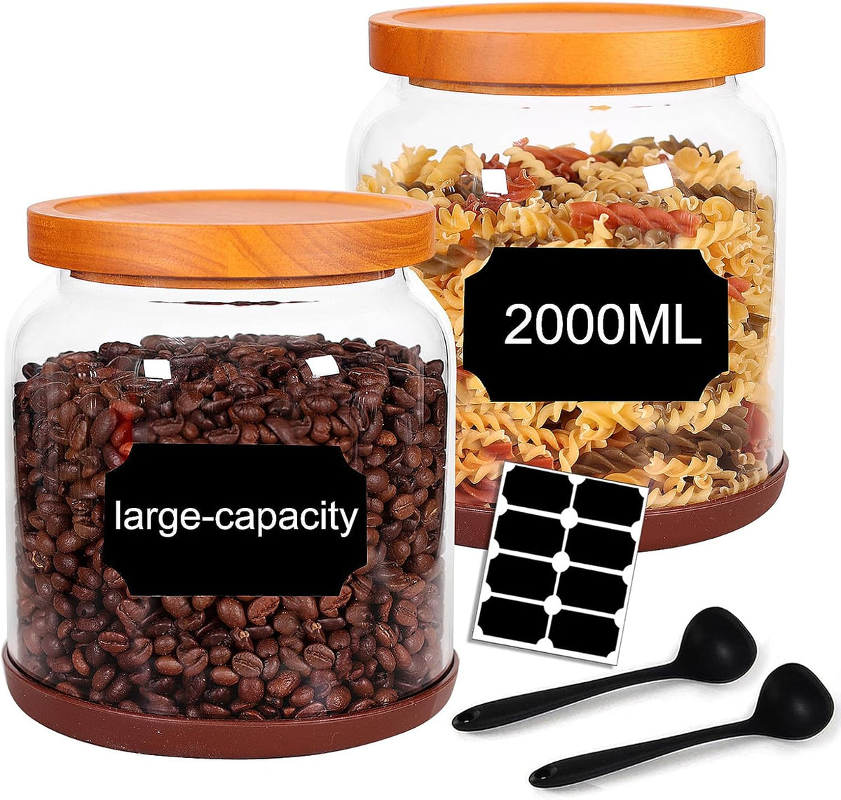 SAIOOL 2PCS Large Glass Storage Jars with Wooden Lids,Airtight Food Storage Containers, 3mm Thick Glass Kitchen Pantry Organization, Laundry Detergent Pods, with Scoop & Labels (67 FL OZ/2000 ml)
