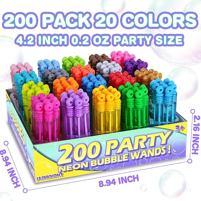 Mini Bubble Wands Bulk 200 Pack 20 Colors, Party Favors Toys for Kids Child, Christmas Celebration,Thanksgiving New Year, Themed Birthday, Wedding, Summer Outdoor, Bath Time, Gifts Box for Girls Boys