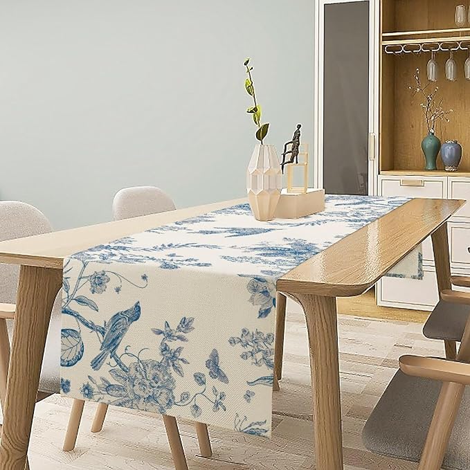 Spring Flower Table Runner, Farmhouse Vintage Blue White Floral Bird Print Table Runner for Kitchen Dining Table Party Wedding Decor, 13x90inch