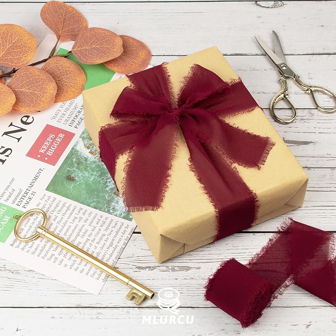Burgundy Chiffon Ribbon - 1-1/2 Inch x 21 Yards Handmade Fringe Silk Ribbon for Boho Wedding, Gift Wrapping & Flower Bouquets