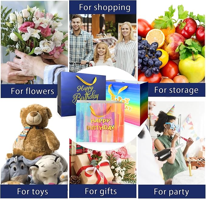 AMROSE 3 Pack Large 13’’ Birthday Gift Bags with Card and Tissue Paper, Recyclable Paper Gift Bag for Birthdays and More, Multicolors