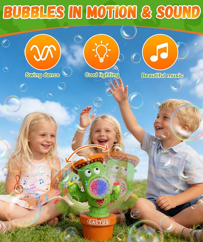 Bubble Machine for Kids, Rechargeable Cactus Bubble Maker with Lights & Music, Dancing Bubble Machine Toy with Bubble Solution Included, Outdoor Summer Toys for Kids, Birthday Party & Gift