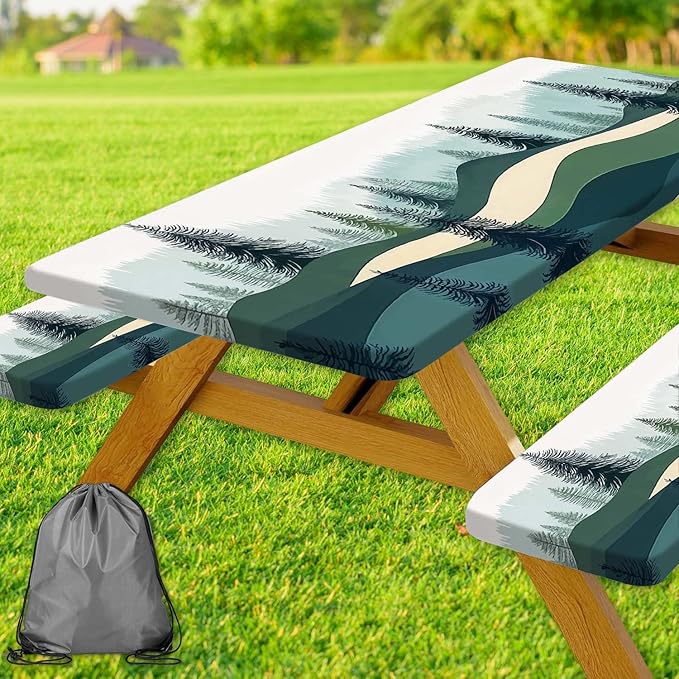 Picnic Table Cover with Bench Covers, Green Blue Camping Tablecloth Waterproof Windproof, Fitted Tablecloth Cover with Elastic Edge, for Indoor & Outdoor, Garden, Camping, 3 Pieces Set, 30x60 Inch