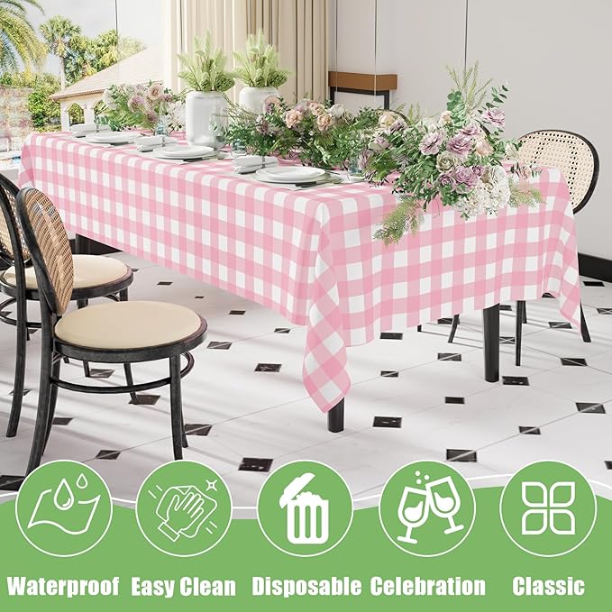 Smiry 6 Pack Pink Gingham Disposable Tablecloths - 54" x 108" Heavy Duty Plastic Table Cloth, Waterproof Buffalo Plaid Table Covers for Picnic, Banquets, Outdoor Parties