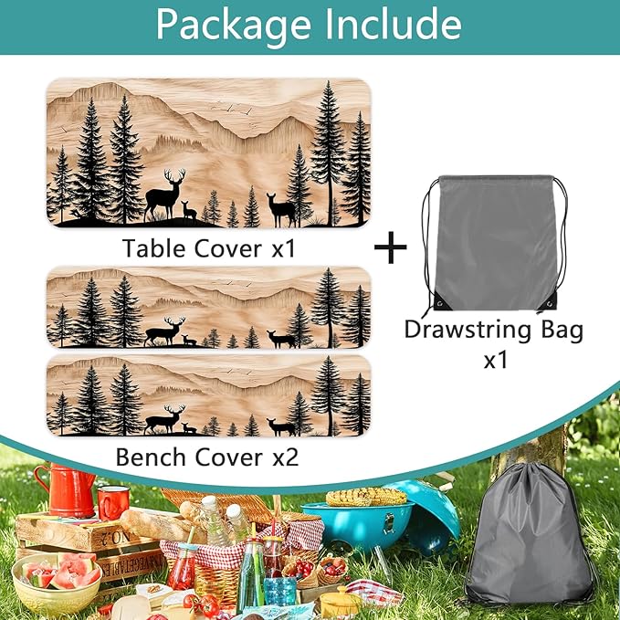 Picnic Table Cover with Bench Covers Camping Essentials Rustic Hunting Deer Forest Waterproof Windproof Camping Tablecloth Fitted Tablecloth Cover with Elastic Edge for Indoor Outdoor 3 PCS 30x60 Inch