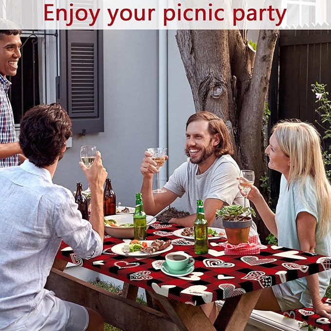 Valentines Day Picnic Table Cover with Bench Covers, Camping Essentials, Heart Buffalo Plaid Outdoor Table Covers, Waterproof Windproof, Fitted Tablecloth Cover with Elastic Edge, 3 PCS, 30x72 Inch