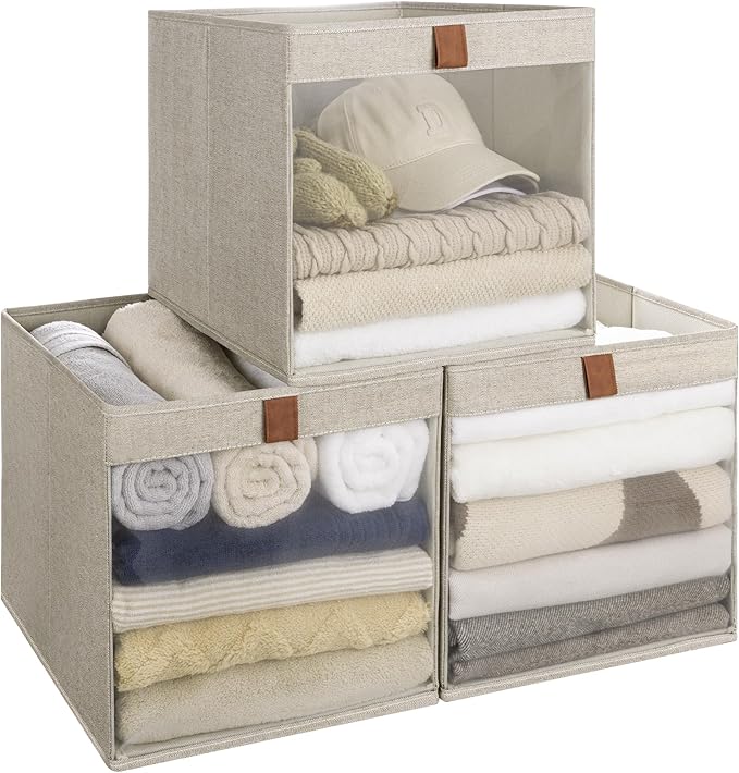 StorageWorks 13x13 Storage Cubes, Closet Storage Bins with Clear Window, Large Fabric Organizer for Clothes, Collapsible Storage Baskets with PU Handles, Brown and Beige, 3-Pack