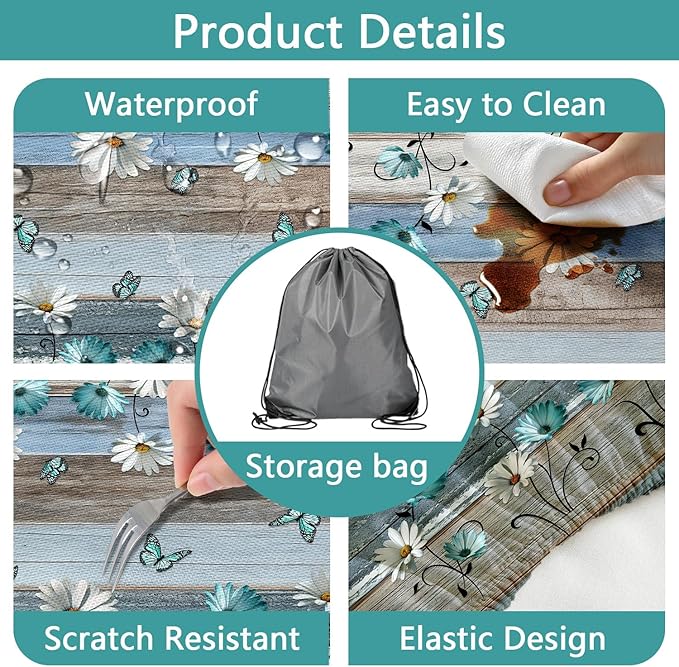 Floral Picnic Table Cover with Bench Covers, Camping Essentials, Wooden Flower Butterfly Waterproof Windproof, Fitted Tablecloth Cover with Elastic Edge, for Indoor, Outdoor, 3 PCS, 30x96 Inch