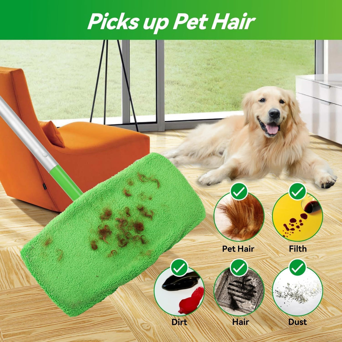 Reusable Microfiber Mop Pads Washable Wet Pads Compatible with Swiffer Sweeper Refills Pads for Wet & Dry Sweeping Cloths Mop Head Replacement for Household Cleaning (Green 6PCS)