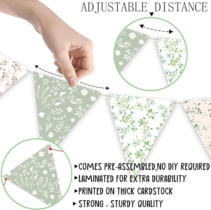 3pcs Sage Green Floral Triangle Bunting Banners Garland, Boho Wildflower Pennant Flags for Baby Shower Bridal Shower Wedding Birthday Party Garden Home Decor