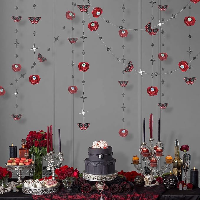 Cheerland Gothic Valentines Day Decorations Red Rose Goth Birthday Party Blood Butterfly Garland for Dark Garden Vampire Parties Romantic Floral Decor Elegant Horror Theme Dark Bride or Die Halloween