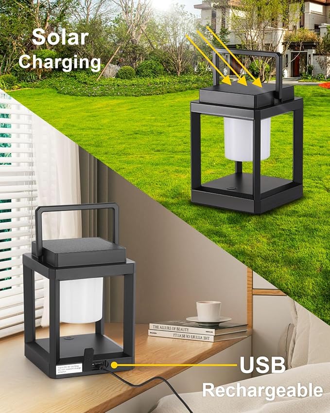 DAKAFUL Outdoor Table Lamp, Led Lamps for Nightstand, Solar Lanterns Outdoor Hanging for Patio Waterproof, Cordless Battery Operated Lamp, Rechargeable Solar Lantern for Reading, Decor, Camping