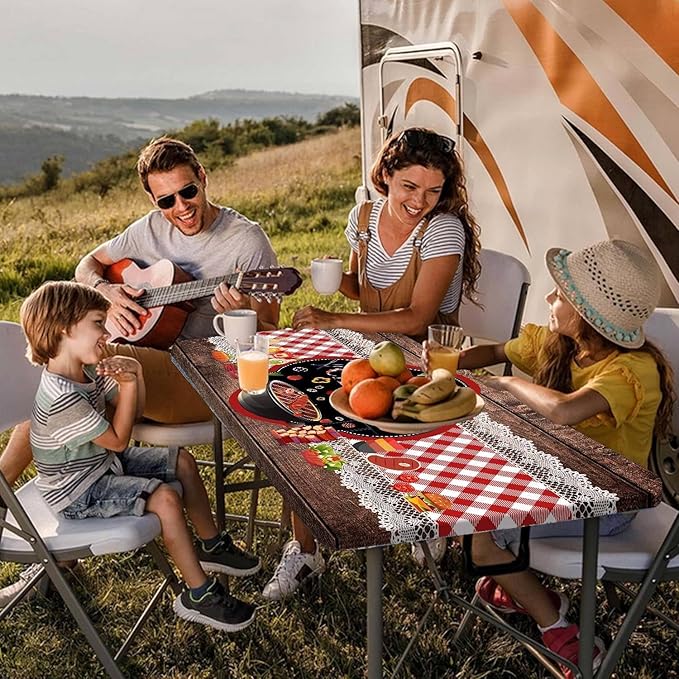 Happy Camper Picnic Table Cover with Bench Covers Elastic Edges, Wooden Red Plaid Fitted Table Cover, Outdoor Patio Camping Essentials 72 Inch 3PCS, Waterproof Fitted Tablecloth with Drawstring Bag