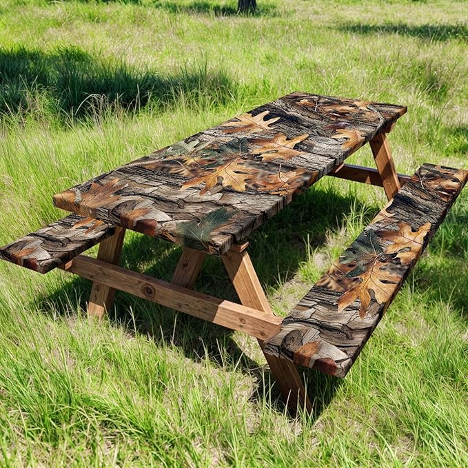 Camo Picnic Table Cover with Bench Covers, Oak Camouflage Patterns Camping Essentials Tablecloth Waterproof Fitted Rectangle Tables and Seats, Outdoor Table Covers with Elastic Windproof Edges