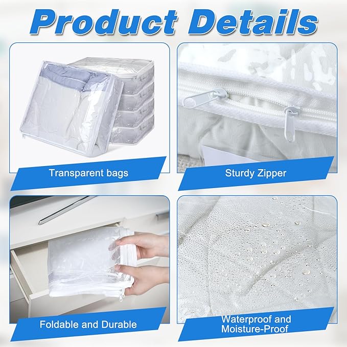 8 Pcs Clear Plastic Storage Bags with Zipper, 16 x 14 x 4 Inch Pvc Sweater Sheet Organizer Waterproof Zippered Clothing Storage Bags for Clothes, Linen, Pillow, Sheets, Blankets