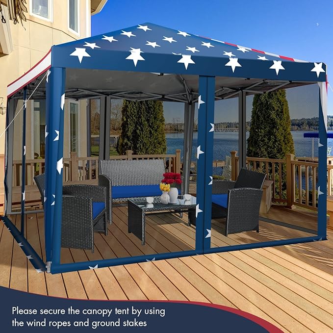 Tangkula 10x10 Ft Pop Up Canopy with Netting, Easy Up Canopy with Mesh Sidewalls, Carrying Bag, Adjustable Height, American Flag Outdoor Canopy with 100 Square Feet of Shade for Backyard, Lawn