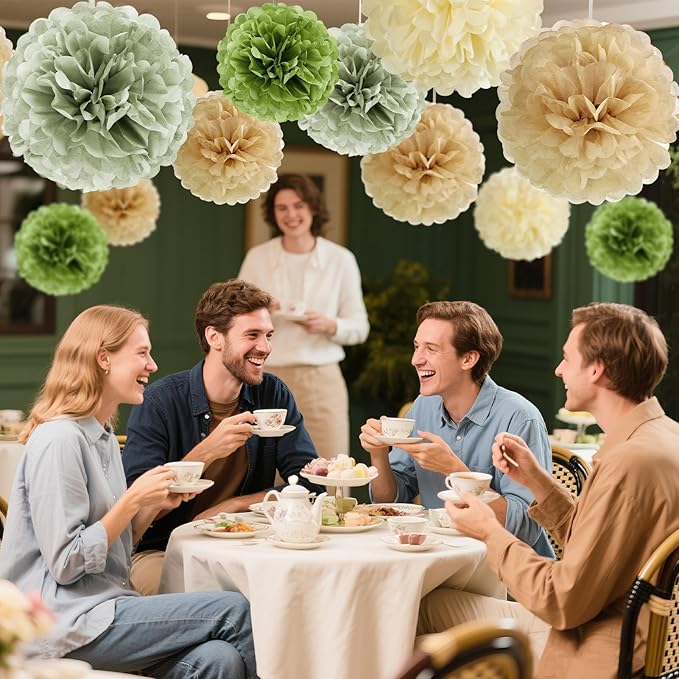 Sage Green Tissue Paper Pom Pom Flowers Decorations 15 PCS Olive Green Paper Flowers for Wall Hanging Backdrop Neutral Baby Shower Wedding Party Supplies Birthday Bridal Decor Table Centerpieces