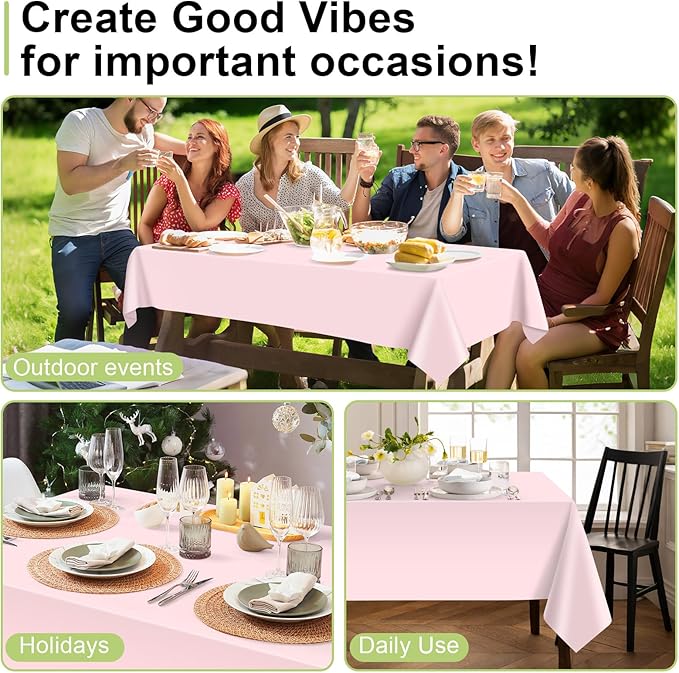 QIKSION Pink Plastic Table Cloth Disposable 3 Pack, 54 x 108 Inch Tablecloths for Valentines, Easter, Mothers Day Decorations, Baby Shower Birthday Party, Rectangle Table Cover