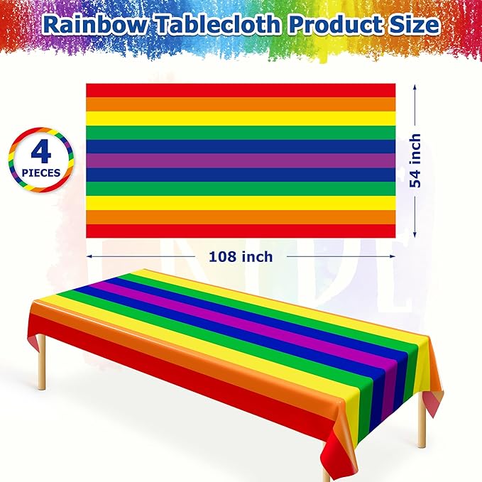 QZYL 4 PCS Pride Decorations, 108 x 54 Inches Disposable Tablecloth, Plastic Rectangle Rainbow Table Covers Stuff, Gay Pride Month Accessories for Rainbow Theme LGBTQ Community Party Decor