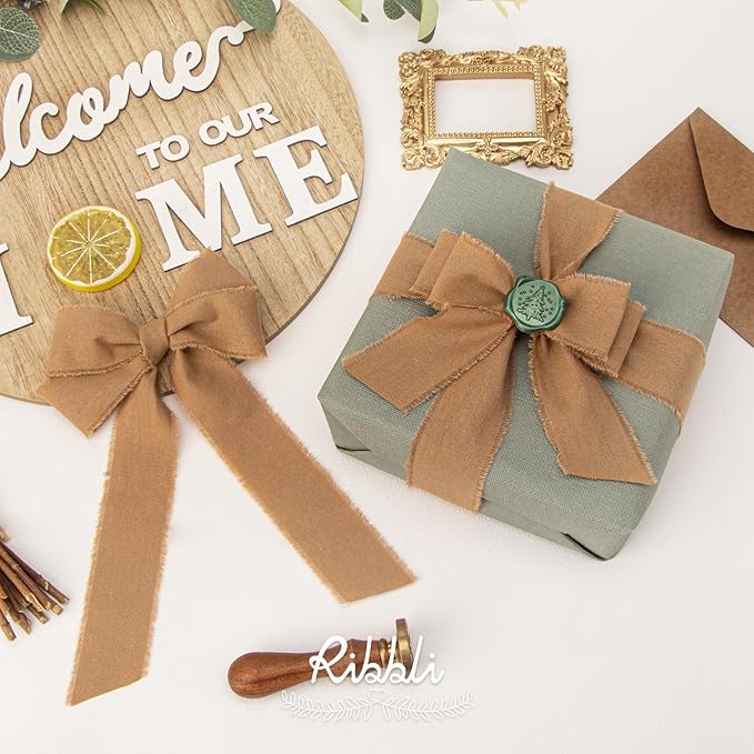 Ribbli 3 Rolls Beige Ribbon 1.5 Inch x 18Yards Ivory Nude Khaki Handmade Cotton Frayed Fringe Ribbons for Gift Wrapping Wedding Invites Bridal Bouquets Baby Shower DIY Crafts Home Decor