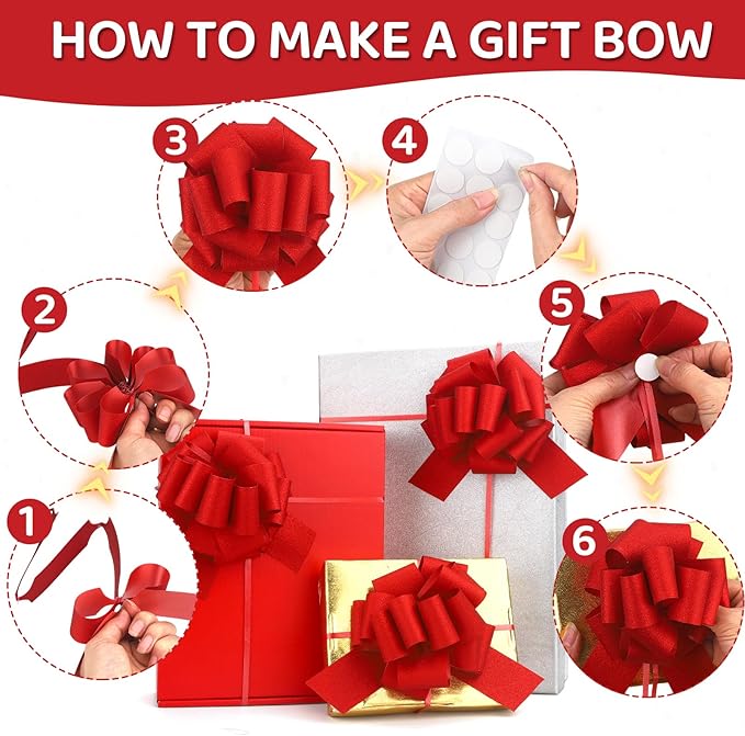 20 pcs Red Pull Bow for Gift Basket Wrapping Xmas Gift Bows Presents Adhesive Wrap Ribbon Bow for Christmas Tree Ornament Wine Bottles Bouquet Flower Valentine's Day Party Decor (Red-L)