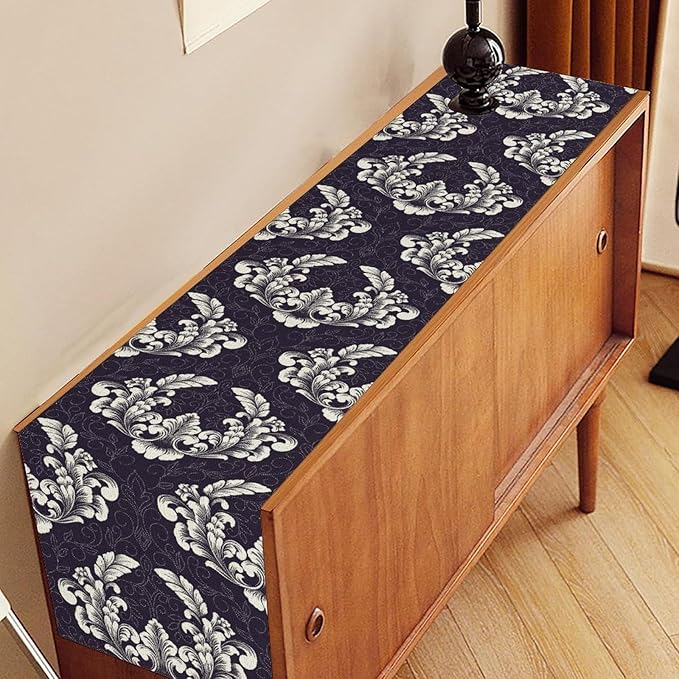 Gothic Table Runner, Antique Retro Damask Floral Bohemian Boho Purple Rustic Vintage Coffee Table Center Decor for Kitchen and Dining Outdoor Home Country Party Table Decorations, 13"x36"