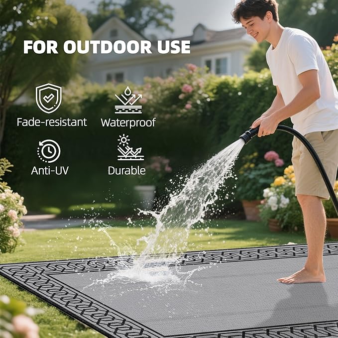 Outsunny Outdoor Rug for Patio, 9' x 18' Waterproof Large Mat, Reversible Plastic Straw Rug for Decor, Portable Outside RV Camping Area Carpet Mat for Backyard Porch Deck Picnic, Black & Gray Border