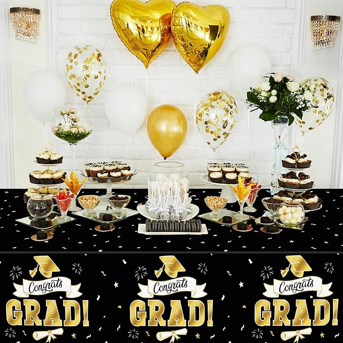 2Pack Graduation Decorations 2026, 108" X 54" Graduation Tablecloth, Blackgold Rectangle Class of 2026 Table Cloths, Disposable Plastic Congrats Grad Tablecover for Grad Party Favors Supplies for kids