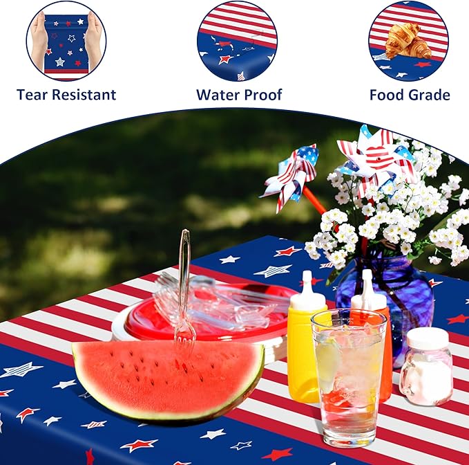 QZYL 2 Pack 4th of July Tablecloth, 54" x 108" American Plastic Table Cover, Disposable Red White Blue Tablecloths Fourth of July Table Cloth, Patriotic Party Supplies Independence Day Decorations