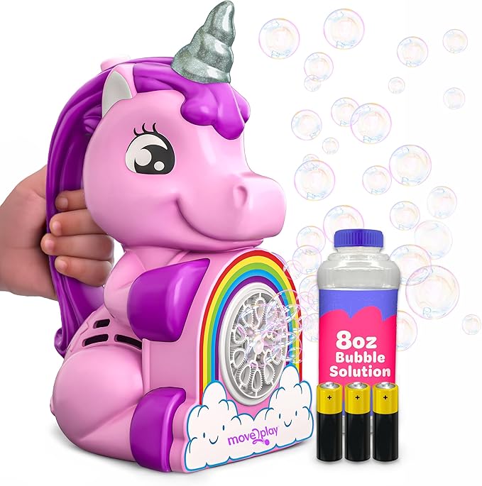 Move2Play, Unicorn Bubble Blower | Basket Stuffer | Bubble Machine | Toy for Toddlers, Boys and Girls | Indoor & Outdoor | Birthday Party | Summer Fun | Gift for Girl 1, 2, 3, 4+ Years Old