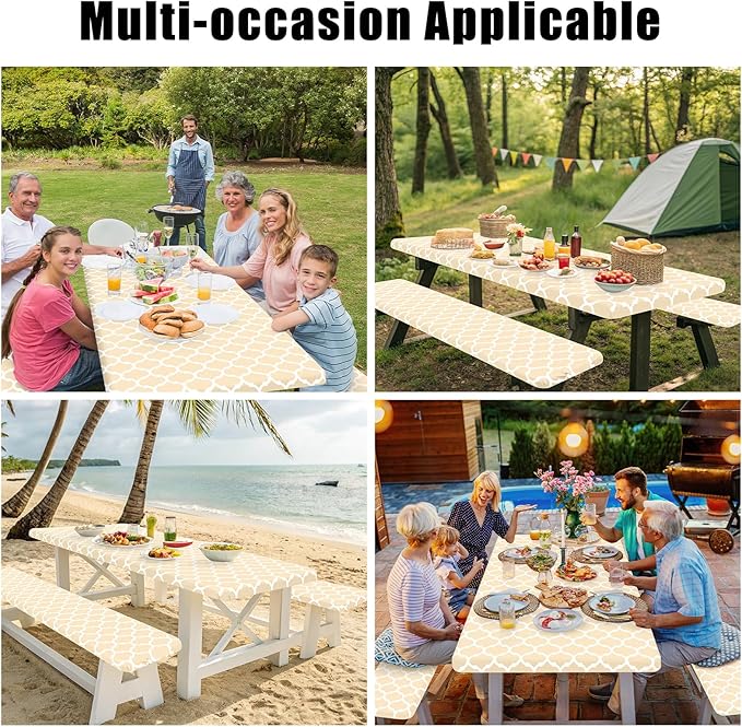 Smiry Picnic Table Cover with Bench Covers, Waterproof Elastic Fitted Tablecloth for 5 Foot Tables, Washable Polyester Tablecloths for Camping, Indoor & Outdoor (Beige, 30x60 Inch 3-pc Set)