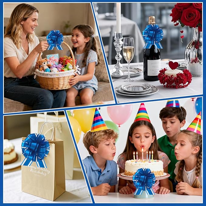 24pcs Royal Blue Pull Bow for Gift Basket Wrapping Xmas Gift Bows Presents Adhesive Wrap Ribbon Bow for Christmas Tree Ornament Wine Bottles Bouquet Flower Valentine's Day Party Decor (Dark Blue-G)