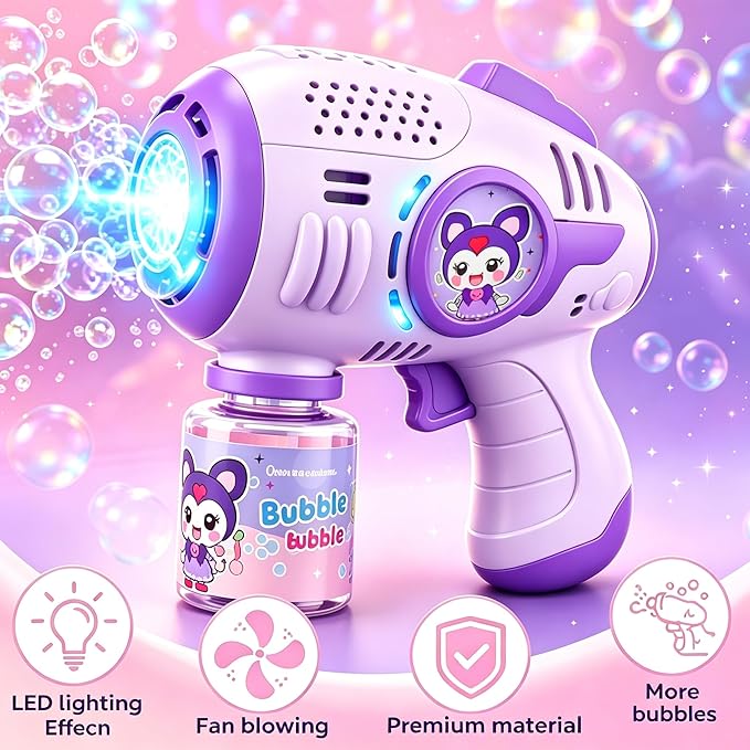 Kids' Bubble Gun, 4 Bottles of Bubble Solution Plus 20 Packets of Bubble Liquid, Toddler Bubble Gun, Sizes 1-3 (4-8), Party Gift, Summer Toy, Outdoor, Easter, Birthday Gift, for Boys and Girls.